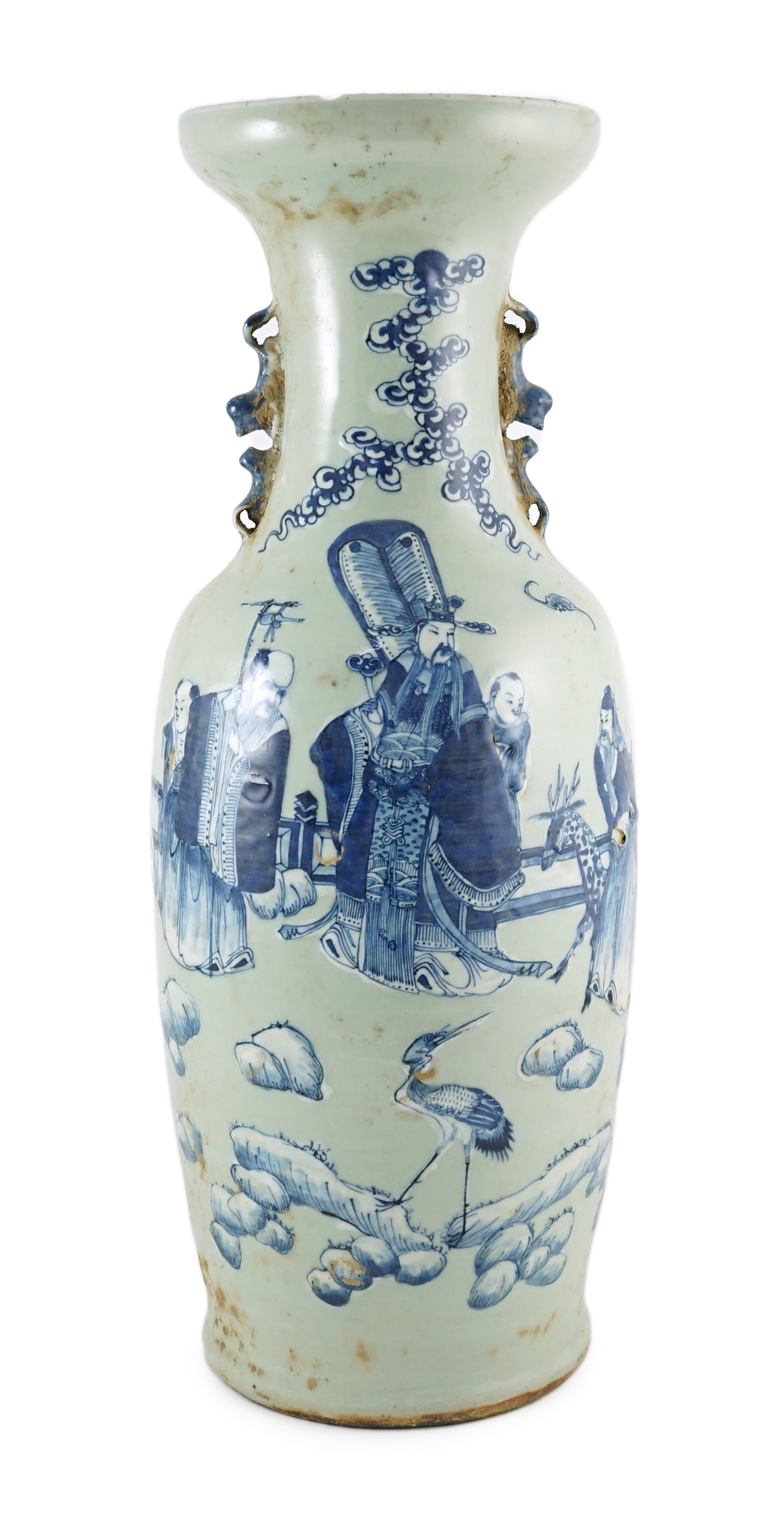 A large Chinese blue and white celadon ground vase, 19th century, rim chip and hairline crack